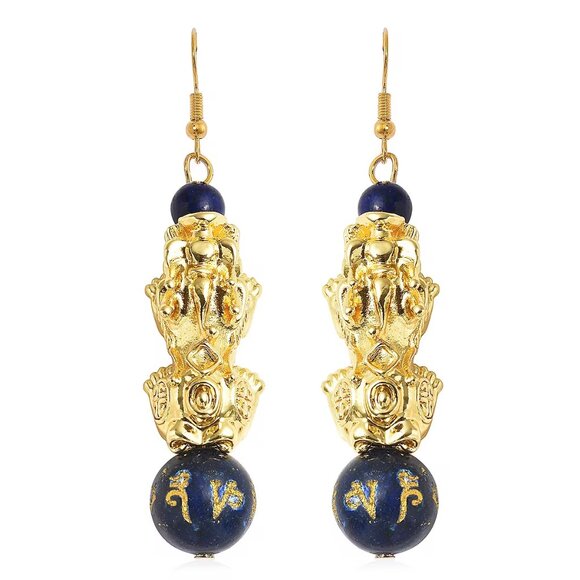 Feng Shui Lapis Lazuli Carved Beaded Pixiu Earrings in Goldtone  Stunning and in - Picture 1 of 1